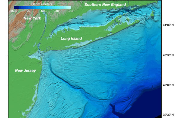 Depth topography of the NY bight approaching the Hudson Canyon dropoff.