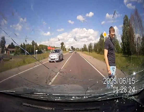 俄罗斯汽车内置摄像头拍摄车牛相撞场面