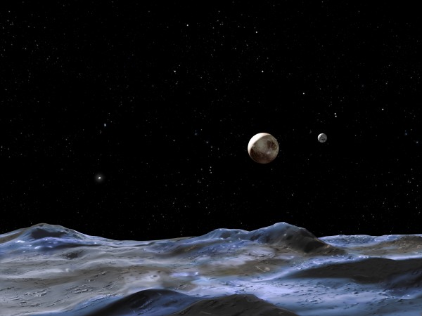 The artist’s concept above shows the Pluto system from the surface of one of its