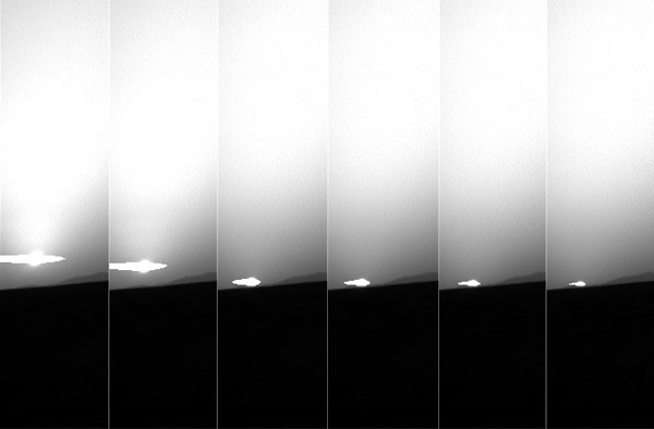 Sequence of raw images showing the sun setting over Gale Crater on sol 312. The