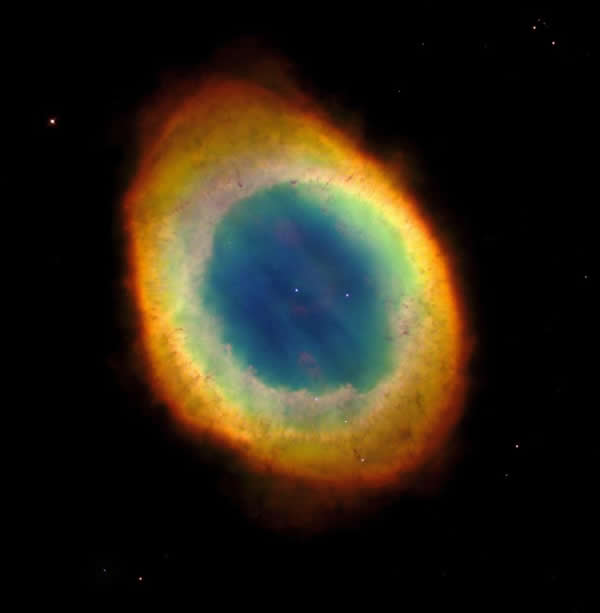 The Ring nebula in Lyra, imaged here by the Hubble Space Telescope, is one of th