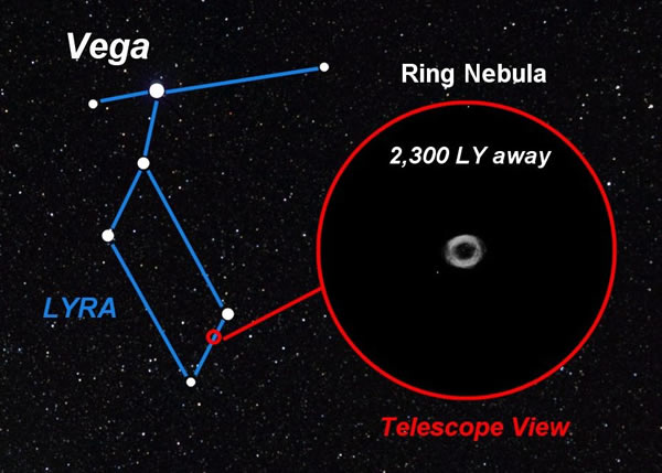 Detailed finder star chart for the Ring Nebula in the constellation Lyra. Credit