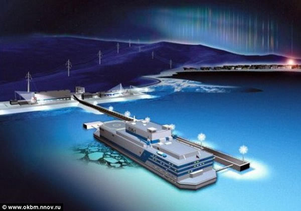 这是艺术家绘制的“阿卡德米克-罗蒙诺索夫号”,它将为大型工业基地、港口城市、海上石油和天然气平台提供能量,它的重量为21500吨,可乘载69人