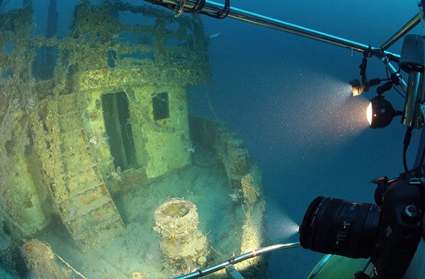 Lionfish gather near the doorway of this sunken ship, the Bill Boyd, in this ima