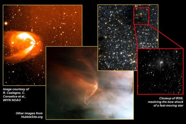 由美国宇航局空间望远镜拍摄到高速运行的恒星周围出现“弓形激波”的情景