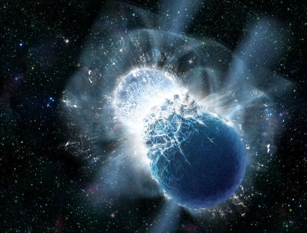 This artists illustration shows two neutron stars at the moment of collision. N
