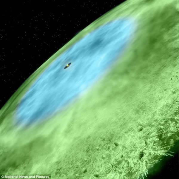 长蛇座TW星附近雪线的艺术家概念图,显示了内部圆盘(蓝色)被冰覆盖的尘埃粒子,以及外部圆盘(绿色)的一氧化碳冰颗粒。从蓝色到绿色的转变标志着雪线。