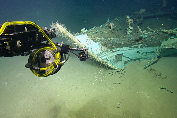 The bow of a ship resting on the seafloor.