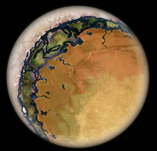 被潮汐锁定的星球想象图,一面是极度干旱环境,另一面则为冰封世界