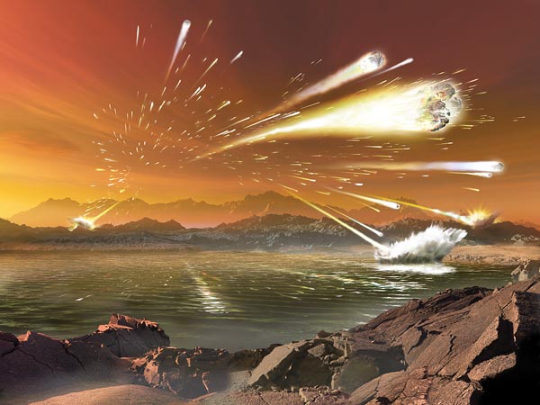 An illustration of a mysterious rain of asteroids and comets that scientists cal