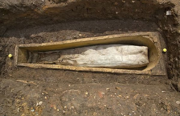 A lead coffin found inside a stone coffin in the ruins of Grey Friars in Leicest