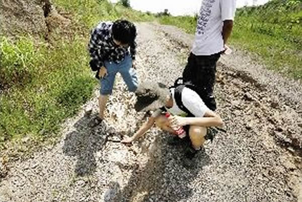 记者在户外岩石上寻找化石存在的痕迹