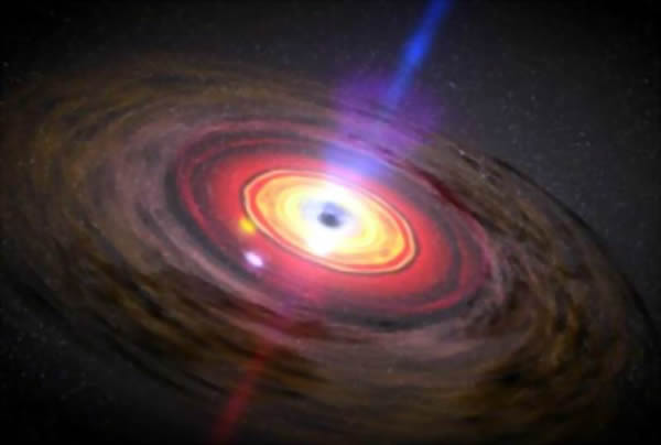 超大质量黑洞的艺术家印象图,周围环绕着吸积盘。图中还显示了向外流出的高能粒子流,据称它是由黑洞旋转驱动的。