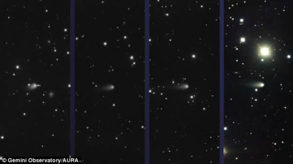 彗星ISON的图像,由北双子望远镜使用双子多目标摄谱仪获取,从左到右图像拍摄时间分别是2月4日,3月4日,4月3日以及5月4日,可以观察到彗星在此期间发生的变化