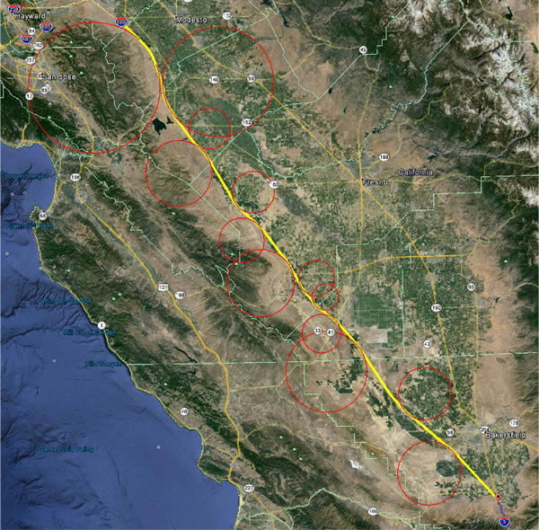 超回路路线的5号州际公路部分。初期路线显示为黄色,弯曲半径为红色。