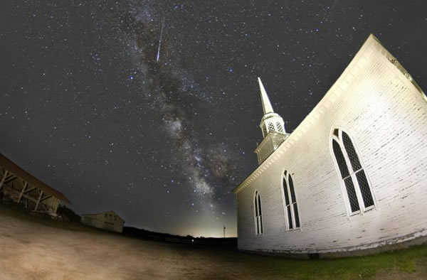 An early Perseid over a church at the Washburn-Norlands Historical Center in Liv