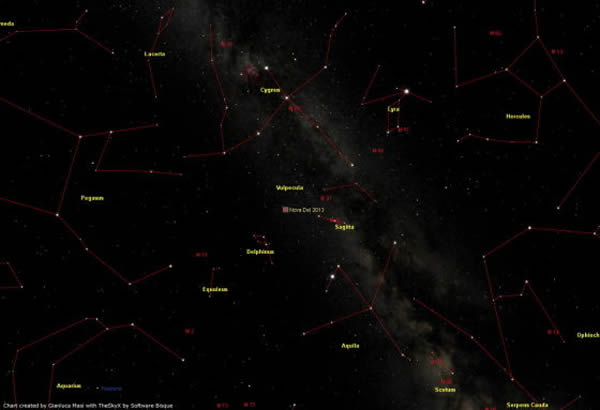 星图:可以看到夏季大三角,海豚座,以及海豚座2013新星的位置