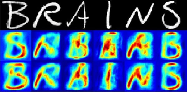 顶部是原始的视觉输入,下面是通过功能性磁共振成像数据重建的图案。