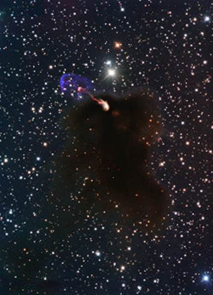 Herbig-Haro 46/47s receding jet is invisible in optical light, hidden by a clou