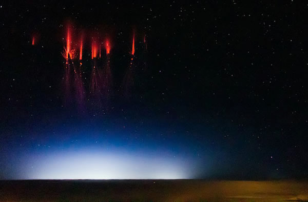Column-shaped red sprites in a photo snapped Aug. 12, 2013 above Red Willow Coun