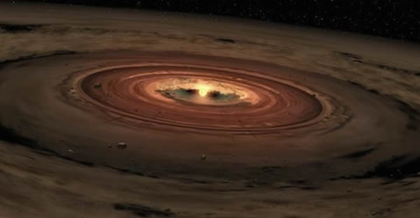 美国宇航局斯皮策太空望远镜观测到的褐矮星的艺术家概念图,这颗恒星是由旋转的原行星盘环绕。美国加州大学伯克利分校的研究学者研发了一种新模型,显示了旋涡是如何导致原