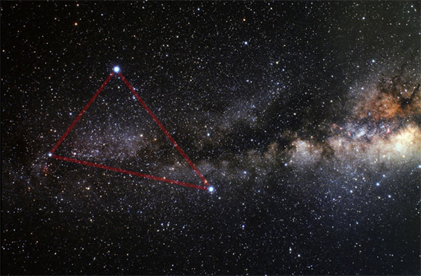 The Summer Triangle (clockwise from top): bright stars Vega, Altair and Deneb ar