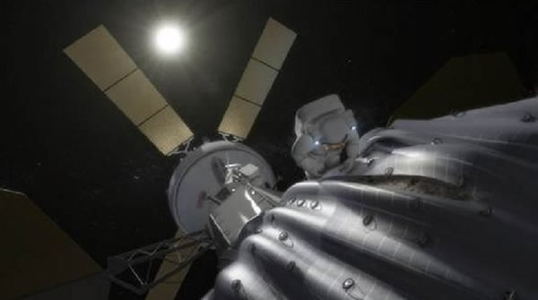 艺术家绘制的捕获小行星情况,NASA的宇航员正在猎户座飞船外作业