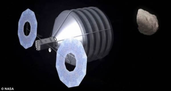 美国宇航局称,它已经发现3颗符合条件的小行星,并希望可以借助遥控太空套索,把其中一颗送入月球轨道。这张艺术概念图显示的是捕获一颗小行星的画面