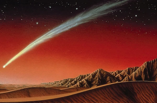 This illustration of a bright comet over Mars was created by artist Kim Poor.
