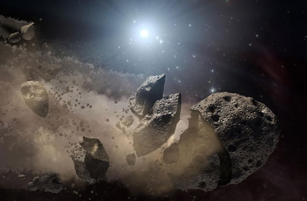 An artist’s illustration of an asteroid breaking apart in space.