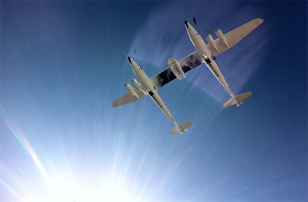 The view of the Virgin Galactic mothership WhiteKnightTwo from SpaceShipTwo shor