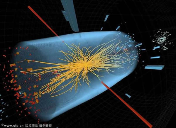 当地时间2011年12月13日,欧洲强子对撞机实验室进行的高能量光子轨迹图