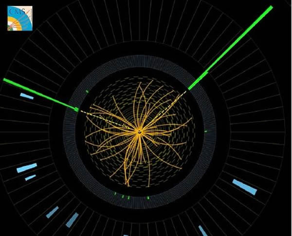 希格斯粒子在产生之后几乎瞬间就会衰变成两个光子,它们留下的路径(图中绿色),可以在这张来自CMS探测器的图像中观察到 图像来源:CERN