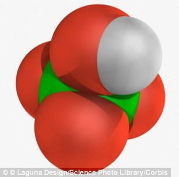 高氯酸盐是由高氯酸(如图)衍生出来的一种盐。图中的氢分子显示为白色,氧分子是红色,而氯分子显示为绿色
