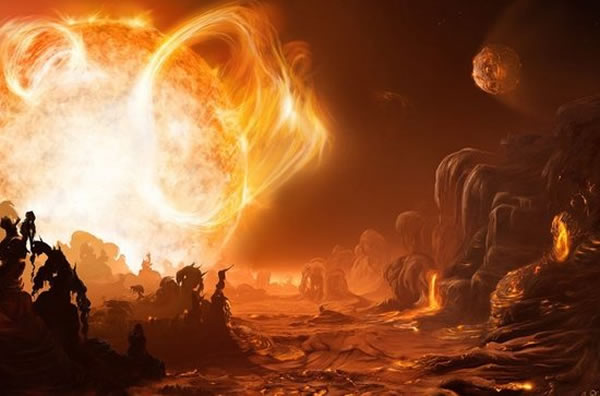 这张夸张的图片形象揭示了极短公转周期行星的表面环境,四处流淌着熔岩,它们的太阳如同会喷火的“怪物”