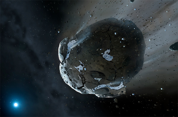 Artist impression of a rocky and water-rich asteroid being torn apart by the str