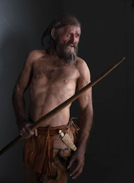 A life-size model of Ötzi the Iceman.