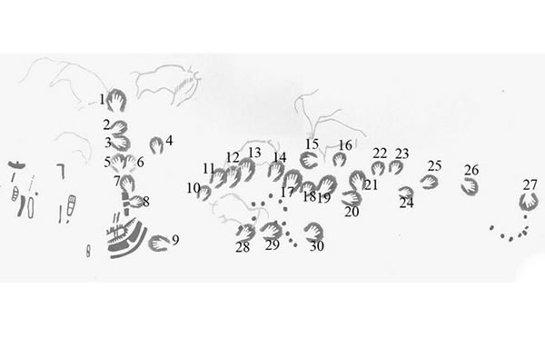A diagram of Stone-age handprints found on Friso de Las Manos, El Castillo, Spai