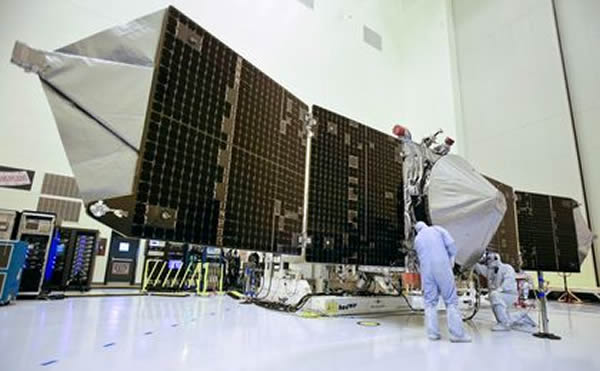 Technicians work on NASAs next Mars-bound spacecraft, the Mars Atmosphere and V