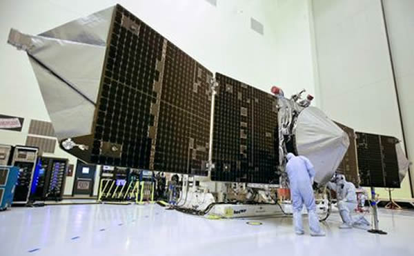 Technicians work on NASA’s next Mars-bound spacecraft, the Mars Atmosphere and V