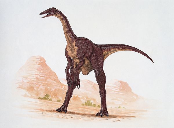 Deinocheirus mirificus, a huge dinosaur with eight-foot-long arms, is shown abov