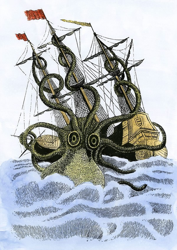 传说中的神秘挪威海怪是一种长着触手的远古海怪,它们捕杀鲸鱼,而且能把整艘船吞入腹中。与这种海怪有关的故事可以上溯到12世纪的挪威。这些传说经常涉及到一种大到会被