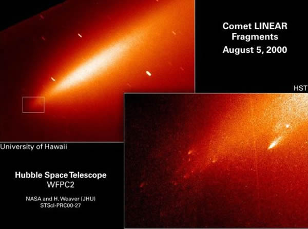 哈勃空间望远镜拍摄的彗星LINEAR (D/1999 S4)的解体过程