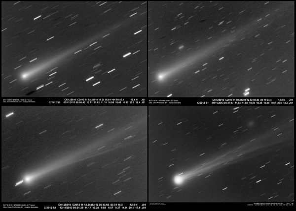 从左至右从上到下，依次为11月3日、9日、12日、14日的ISON彗星。可以看到ISON在逐渐变亮，彗尾也发生了显著变化。