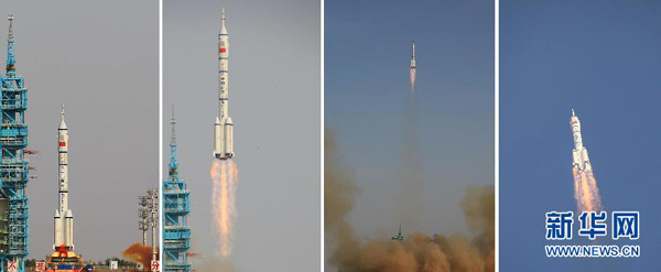 2012年6月16日,神舟九号飞船在酒泉卫星发射中心发射成功(拼版照片)。