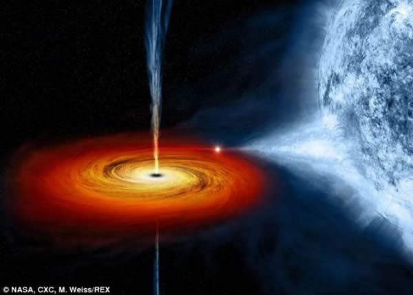 科学家首次发现一个向外喷射铁和镍等重金属的黑洞,被称之为“4U1630-47”。这幅艺术概念图便展示了这个黑洞。图像的右侧为一颗巨大的蓝星,左侧盘的中央黑洞正向