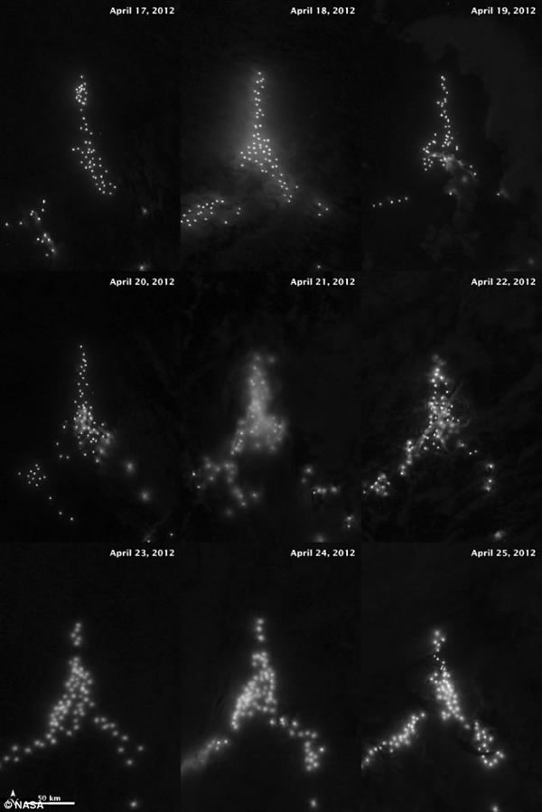 地图显示在阿根廷至福克兰群岛之间密集的捕捞行为