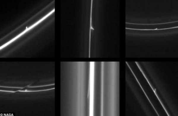 去年,相机拍摄到数百颗直径达半英里的天体正在一个土星环里横冲直撞。上一组从左向右,这些图片里的尾状结构的长度依次是18英里(28.97公里)、85英里(136.