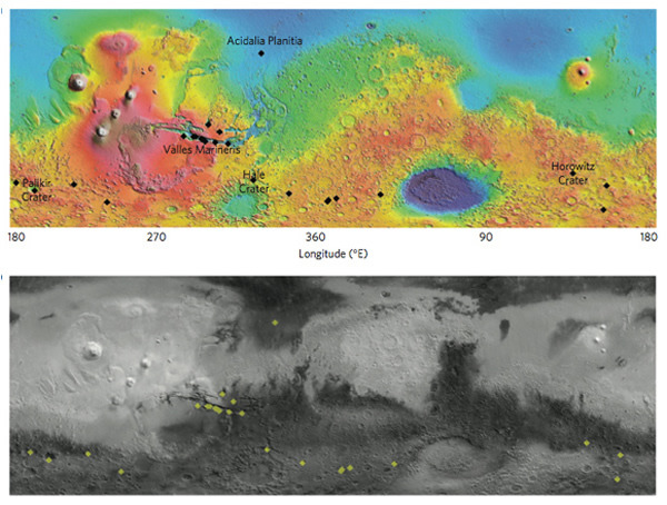 Map of the confirmed locations of dark streaks, or recurring slope lineae, on Ma
