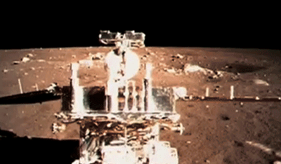 The Yutu rover makes its first tread marks in the lunar regolith.